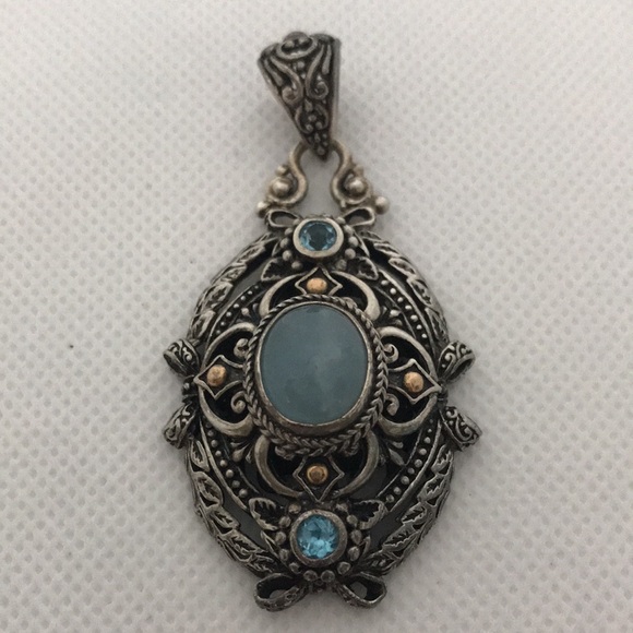 Vintage Sarda Artisan 18K Sterling silver Aquamarine and Blue Topaz Pendant - Picture 8 of 13